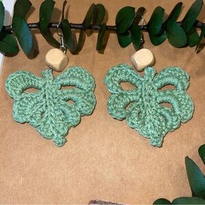 Handmade Crochet monstera Leaf Earrings with Wooden beads